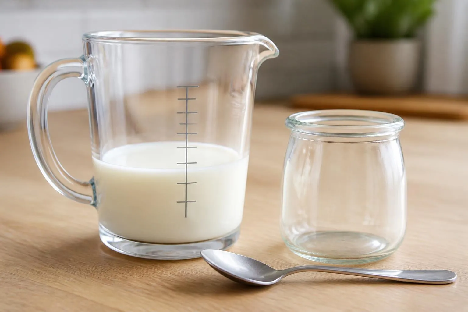 Un verre doseur transparent gradué en millilitres, rempli de lait jusqu'à la graduation 125, posé près d'un pot de yaourt vide