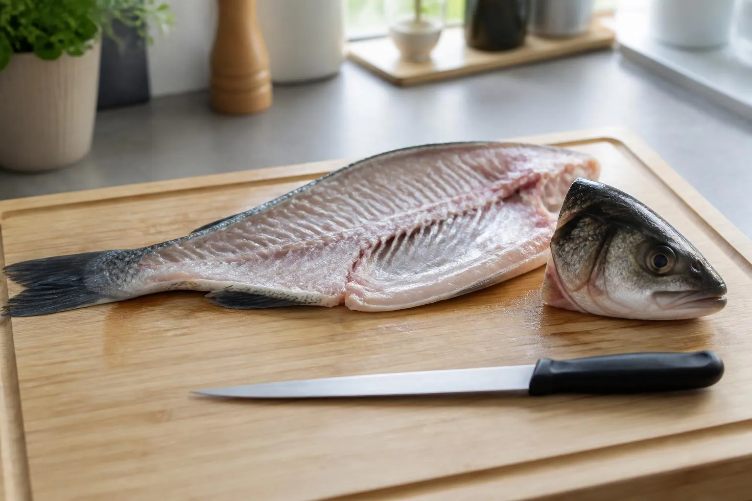 Carcasse et tête de bar posées sur une planche en bois à côté d'un couteau à filet