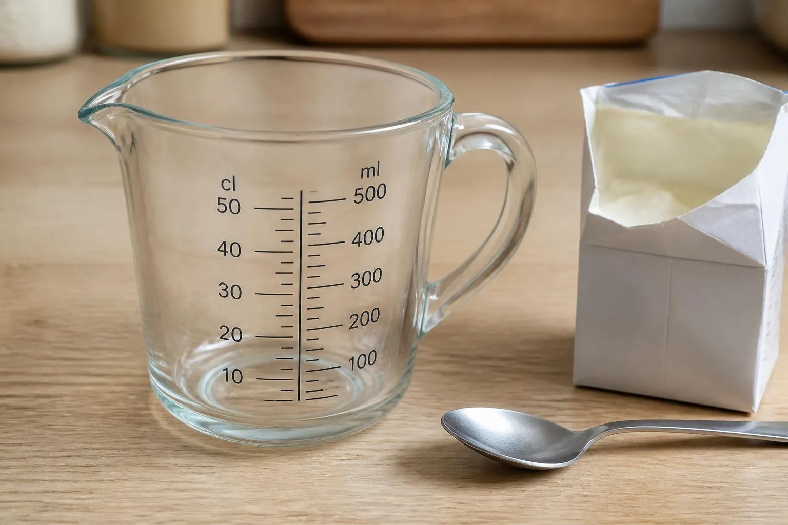 Un verre doseur gradué en centilitres et en millilitres posé sur un plan de travail, à côté d'une brique de crème entamée