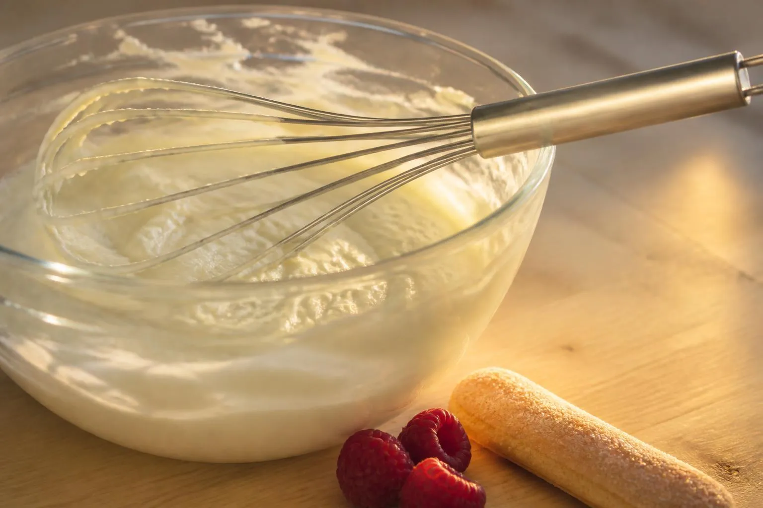 Crème au mascarpone à peine montée dans un saladier, fouet posé en travers, framboises et boudoir à côté