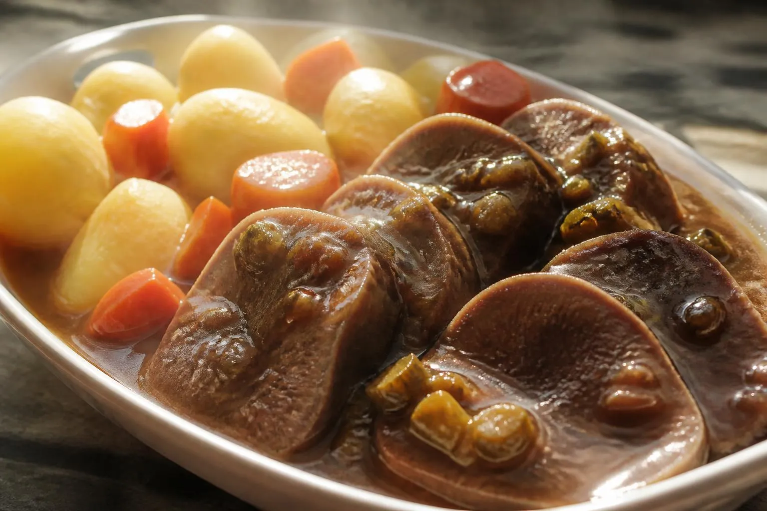 Des tranches de langue de bœuf nappées de sauce brune, avec des pommes de terre vapeur et des carottes en gros morceaux