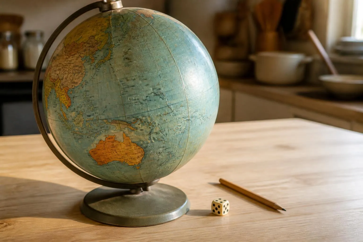 Un vieux globe terrestre en carton tourné vers le Pacifique, posé sur une table en bois à côté d'un crayon et d'un dé