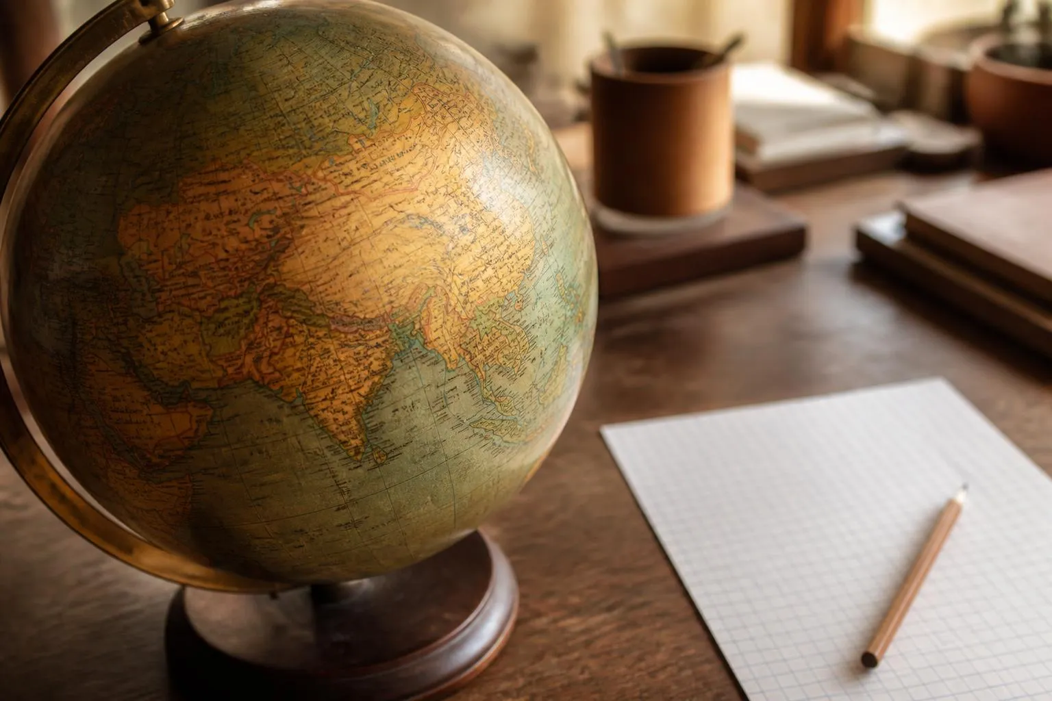 Un vieux globe terrestre posé sur une table, ouvert sur l'Asie centrale, à côté de feuilles de papier quadrillées et d'un crayon