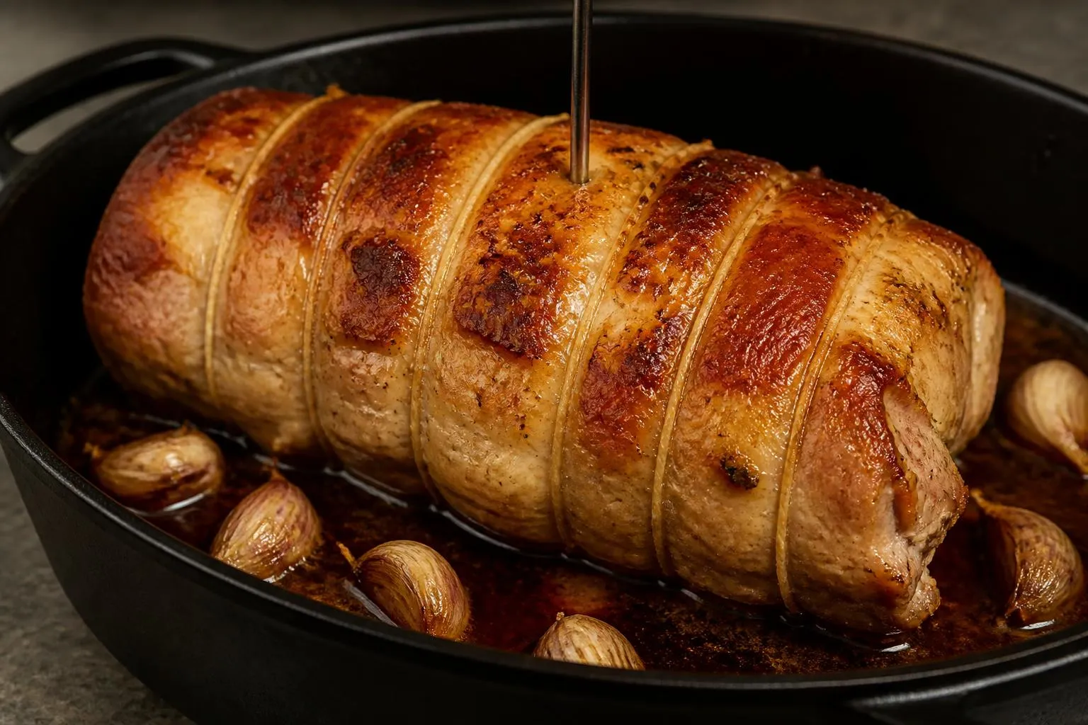 Un rôti de veau bardé et ficelé dans un plat en fonte, doré sur le dessus, une sonde de thermomètre plantée au centre et un fond de jus caramélisé autour