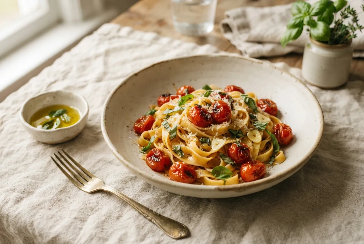 Une assiette de tagliatelles aux tomates confites, posée sur une nappe de lin