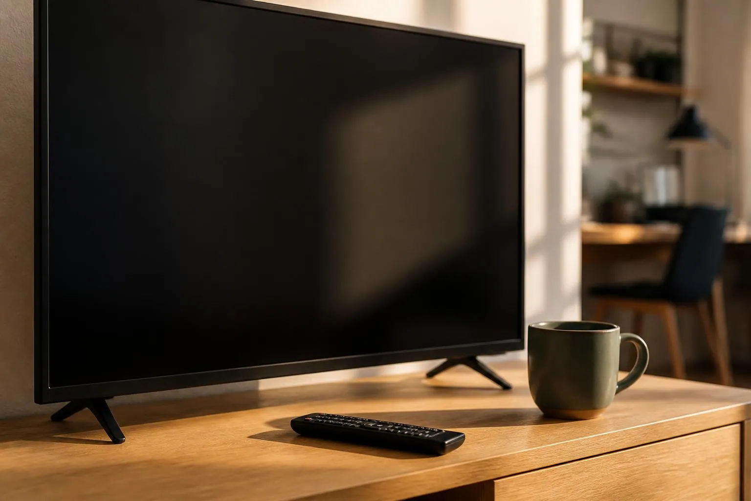 Un téléviseur éteint posé sur un meuble en bois, une télécommande devant